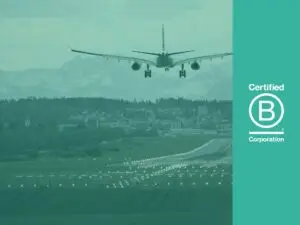 B Corp logo blog header image with aeroplane and teal image overlay