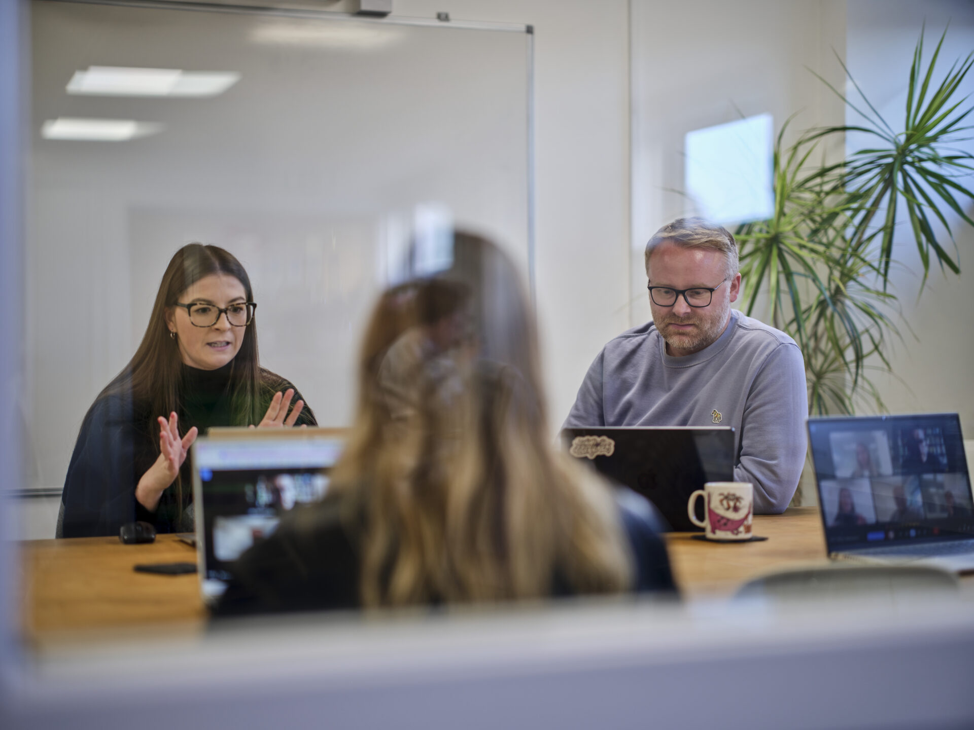 Full colour team shot of charlotte and sam with someone in foreground in main office meeting room 1