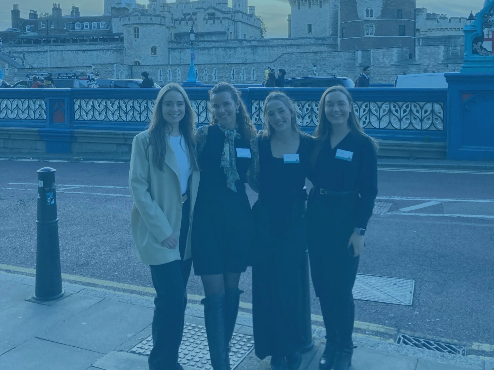 Blue group photo by tower of london for rpc event, freya, bailey, rosie, alex