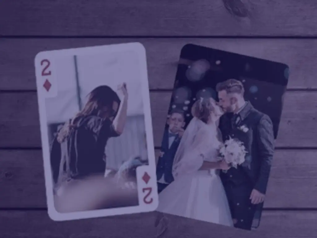 deck of cards with wedding photos on them blue overlay