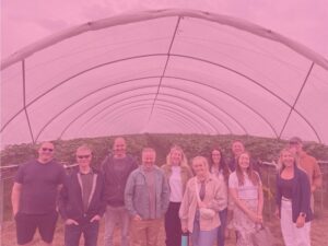 Pink image overlay on group photo at Tiptree farm standing outside a strawberry polytunnel