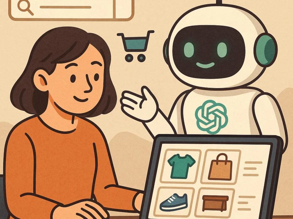 Chat GPT Image of a woman and an AI assistant robot helping her with online purchases