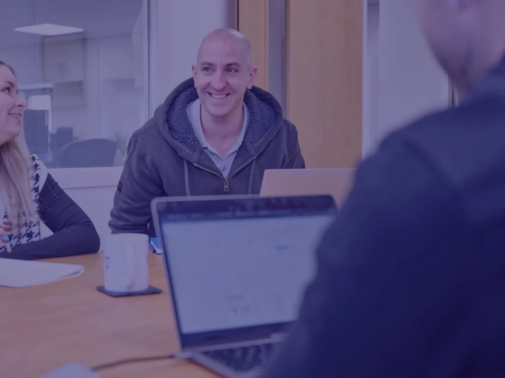 Chris and Klaudia main meeting room with blue image overlay