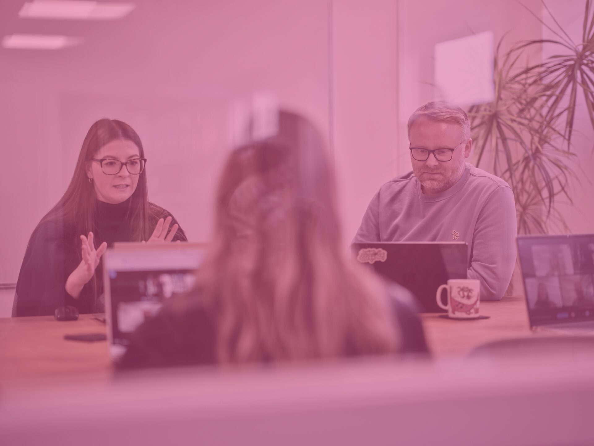 Charlotte and sam in office meeting room with pink image overlay