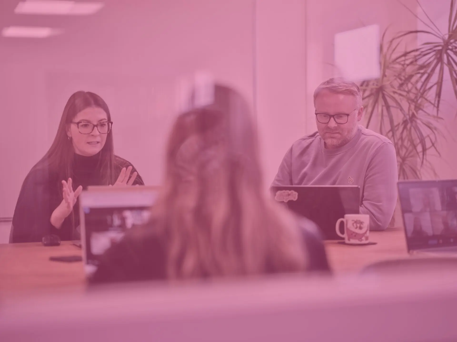 Charlotte and sam in office meeting room with pink image overlay
