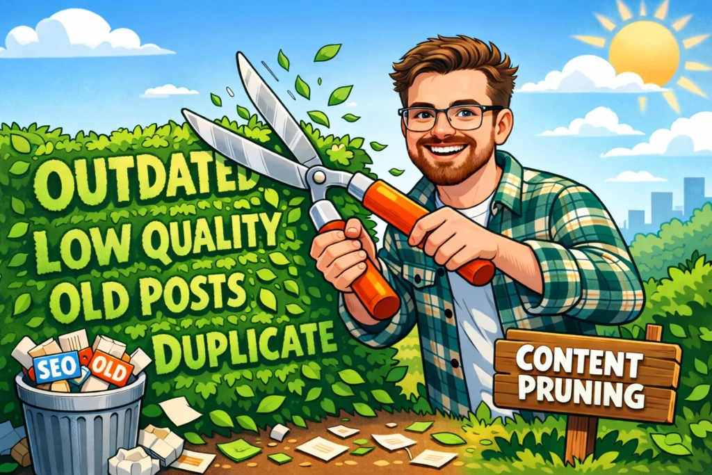 Content Pruning Image - Cartoon kieran pruning 'outdated, low quality, old posts, and duplicate content'