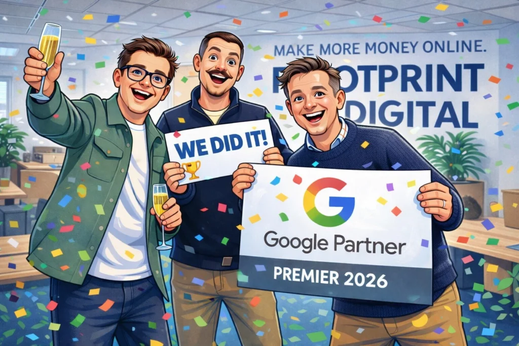 Tom C, Mick, Kieran cartoon celebration of Google Premier partner Status