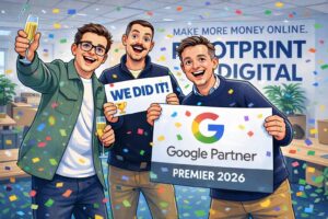 Tom C, Mick, Kieran cartoon celebration of Google Premier partner Status
